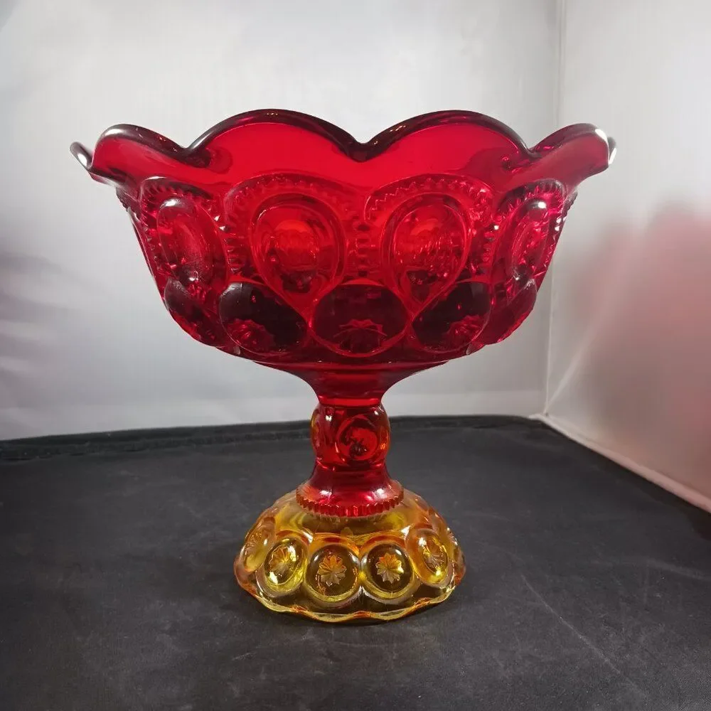 LE Smith Moon & Stars Red Orange Glass Pedestal Footed Compote Candy Dish Bowl